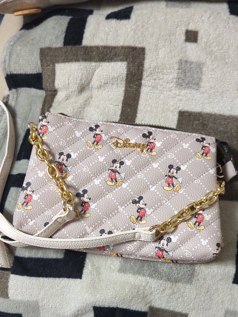 Disney Beige Quilted Mickey Crossbody with Gold Chain